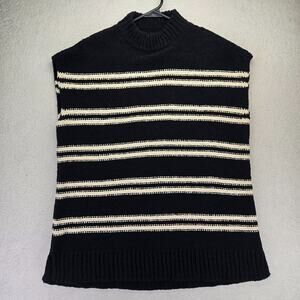 Lilla P Sweater Womens S Sleeveless Mock Neck Black Cream Stripes Knit Luxury